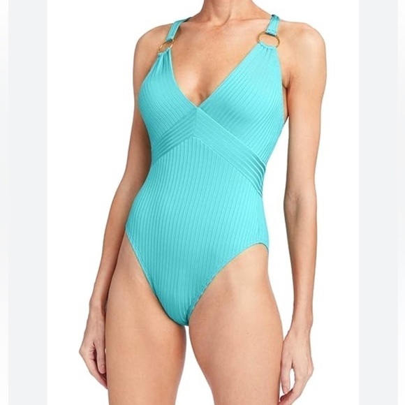 Robin Piccone Yasmine One-piece Swimsuit - Aqua Teal Plunge Silver Ribbed Size 2 - Picture 1 of 12
